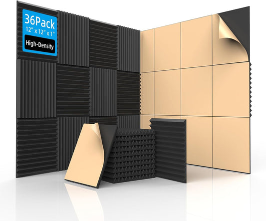 36 Pack Acoustic Foam Panels with Self Adhesive 12" X 12" X 1" Sound Proof Foam Panels for Walls High Density Wedge Soundproof Wall Panels for Studio Office Gaming Room