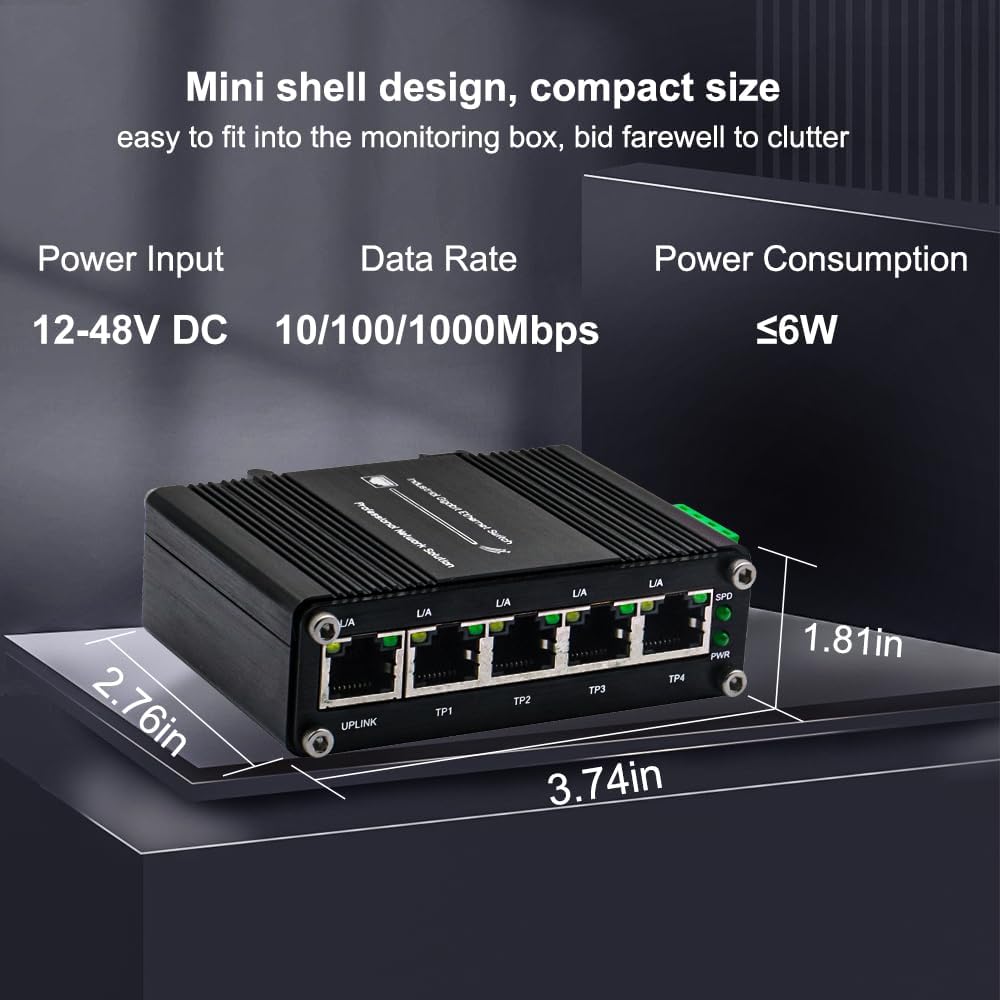 Mini 5-Port Gigabit Ethernet Switch -Industrial Grade Unmanaged Network Switch with 12-48VDC Power Input，Din-Rail or Wall Mount,Plug and Play (-40°F to 176°F) ,Fast Connection,Rugged Metal Case