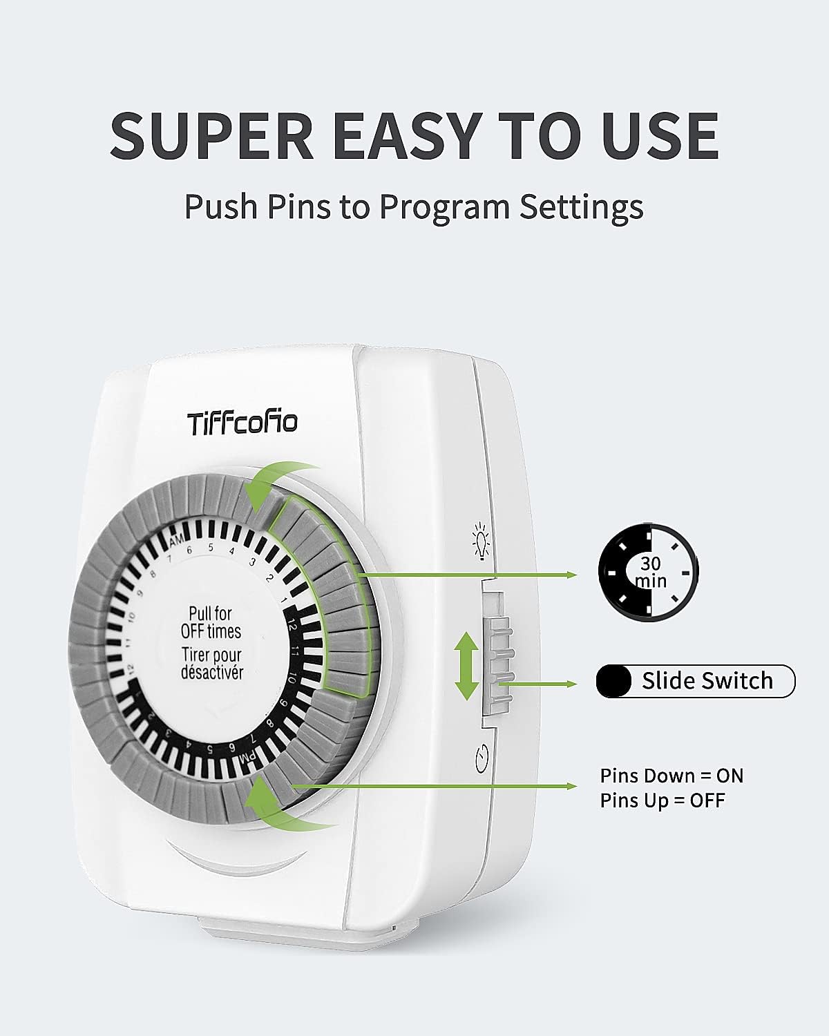 TiFFCOFiO Indoor Mechanical Outlet Timer, 3 Prong Timers for Electrical Outlets, 24-Hour Programmable Plug in Light Timer, ETL Listed (1 Pack)