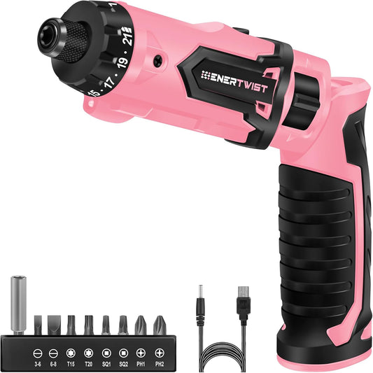 Enertwist Electric Screwdriver, 8V Max 10Nm Pink Cordless Screwdriver Rechargeable Set with 9 Accessory Kit, 21+1 Cluth, Dual Position Handle, LED Light