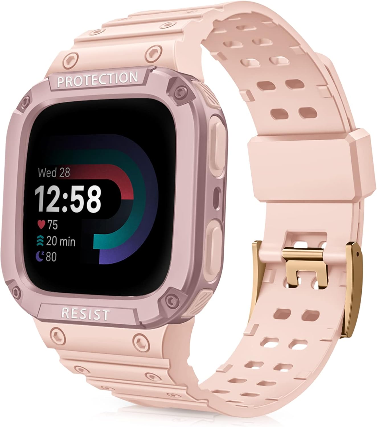 FINTIE Bands with Case Compatible with Fitbit Versa 4/3/2/1/Versa Lite/Fitbit Sense 2/Sense, Protective Case Strap Rugged Sport Band Men, Pink Sand