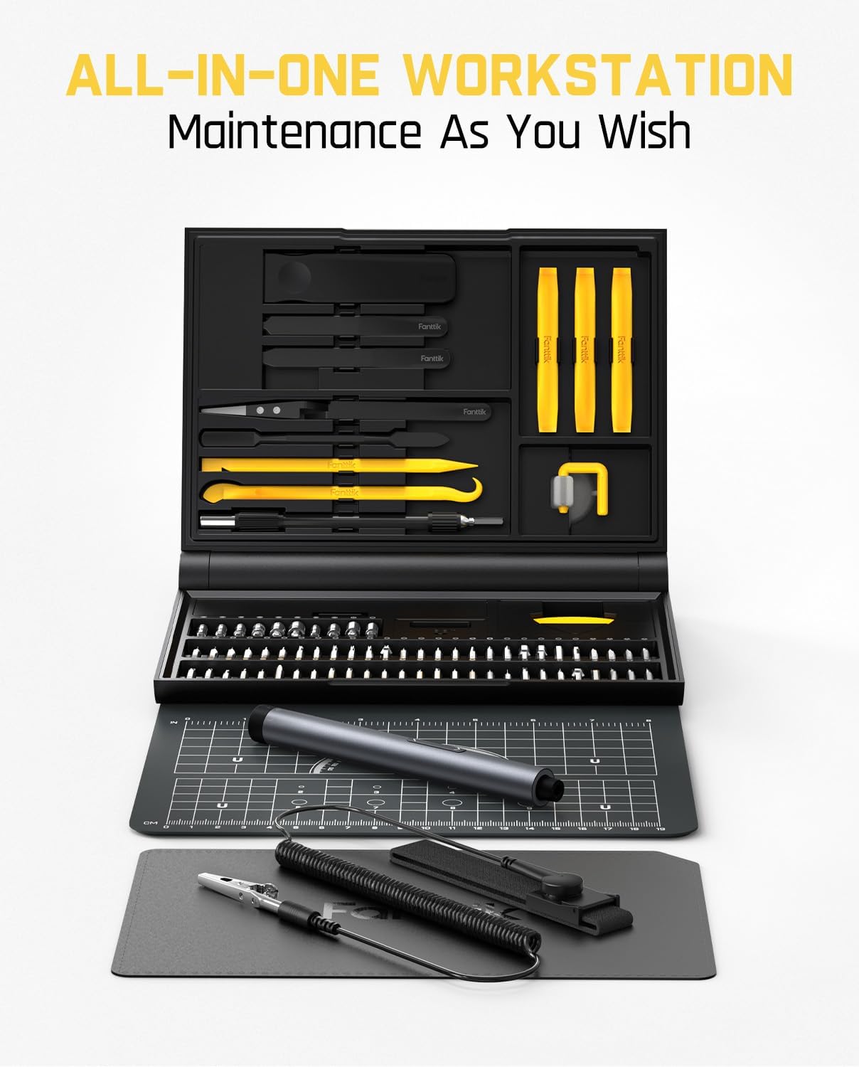 Fanttik Electric Screwdriver Kit, Precision Screwdriver Set, 64 Magnetic Bits, 12 Types Fix Tools, 0.05/0.2 N.m, Repair Tool for Phone Laptop Watch Electronics - E1 NEX Workstation