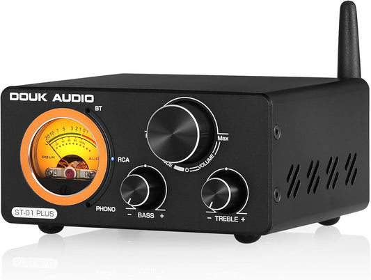 Douk Audio 2 Channel TPA3255 Bluetooth Amplifier 300W x2, Turntable Phono Amp with VU Meter, Treble Bass Control for MM Record Players, Home Theater Speakers (ST-01 Plus)