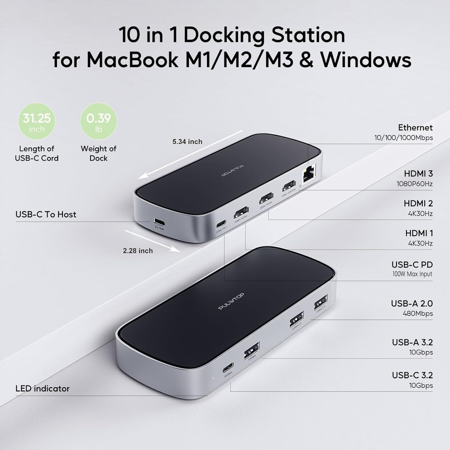 3 HDMI Triple USB C Docking Station, PULWTOP Laptop Docking Station Dual 4K Display for MacBook M1/M2/M3/Windows, Universal USB C Dock with Power Adapter, PD, 10Gbps USBC/A Data,2 USB-A 2.0, Ethernet