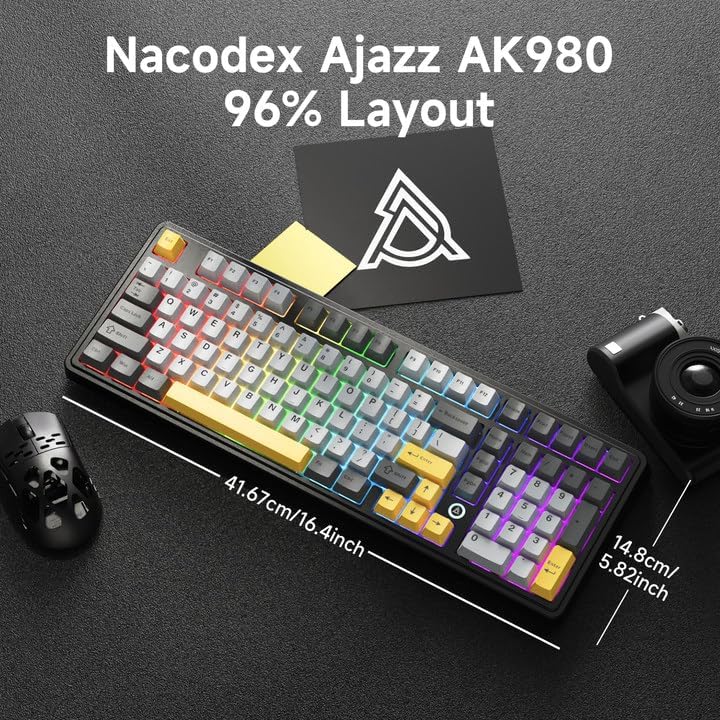 NACODEX Ajazz AK980 Grey Yellow Wireless Mechanical Gaming Keyboard,Tri-Mode BT5.0/2.4GHz/USB-C Hot Swappable Custom Keyboard RGB Backlit Computer Gaming Keyboards for PC/Tablet/PS/Xbox