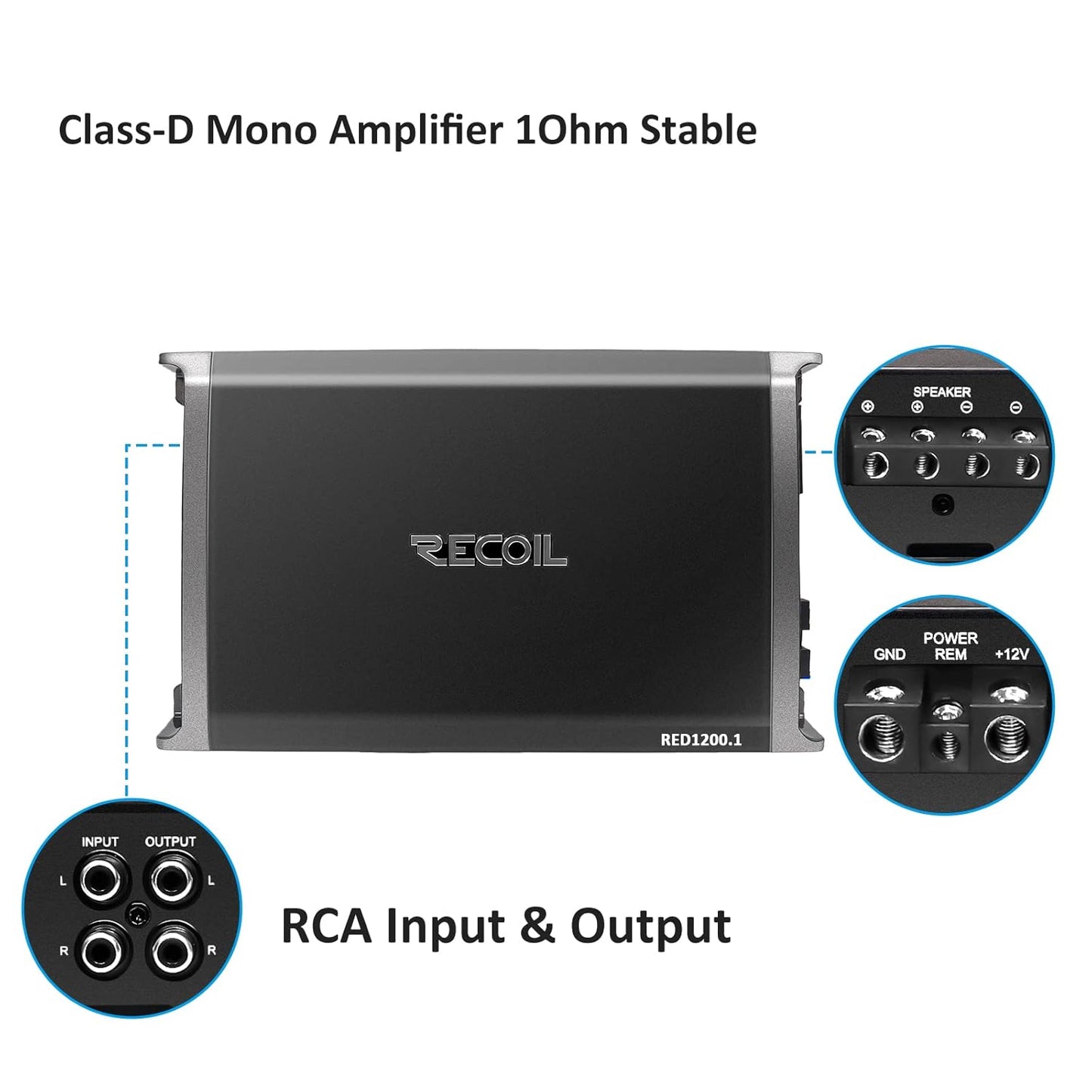 Recoil RED1200-1 2500 Watts Class-D Strappable Car Audio Mono-Block Subwoofer Amplifier, 1 Ohm Stable, Remote Bass Knob Included