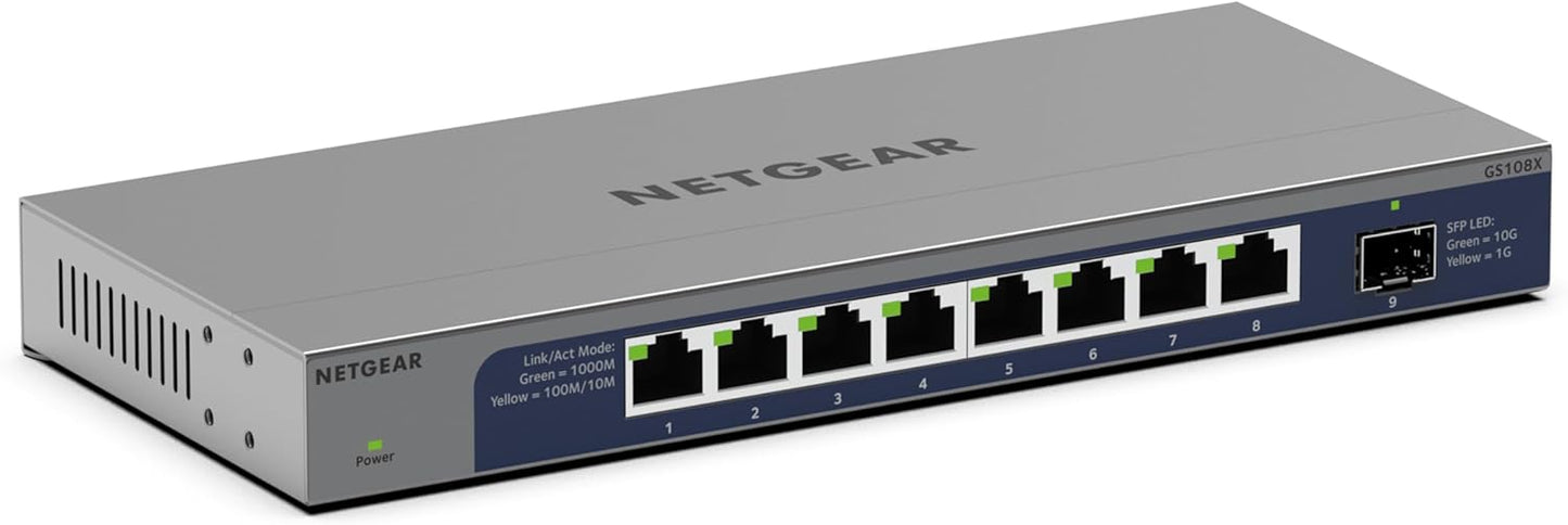 NETGEAR 8-Port 1G/10G Gigabit Ethernet Unmanaged Switch (GS108X) - with 1 x 10G SFP+, Desktop or Wall-Mount, Limited Lifetime Protection