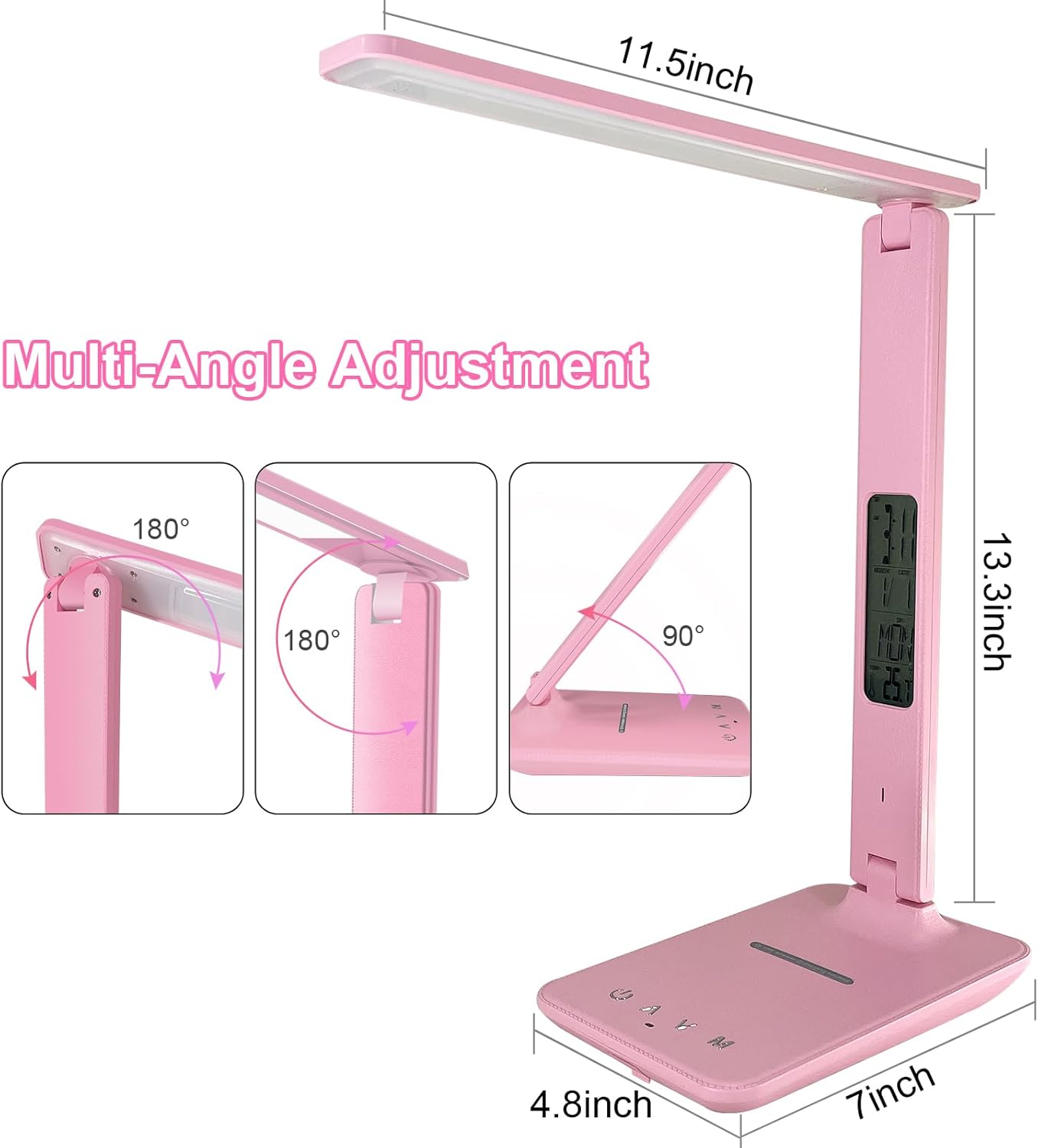 Desk Lamp with Wireless Charger，USB Charging Port, Dimmable Office Desk Light with Clock, Alarm, Date, Temperature, Foldable Lamp for Table Bedroom Bedside Office (Pink, Standard Size-13.3 inch)