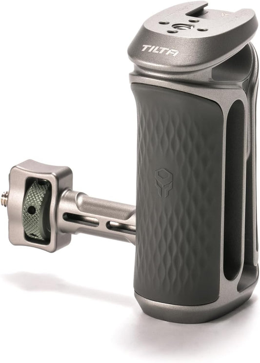 Tilta Xeno Side Handle for Filmmakers & Cameras - Titanium Gray | Secure Connection & Helps Prevent Rotation | Adjustable Height | Textured Silicone Grip | Easy Assembly (1/4″-20 w/Locating Pins)
