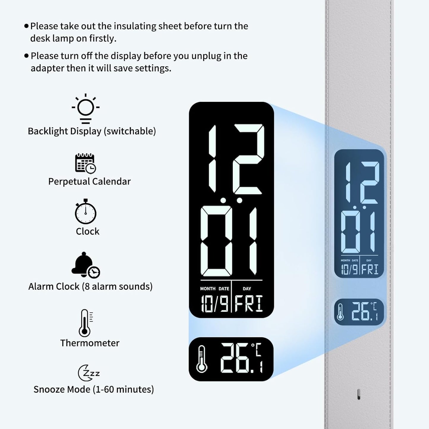 LED Desk Lamp with Charger, USB Charging Port, Dual Swing Arm Desk Light with 5 Brightness, 3 Colors, Table Lamp with Clock, Alarm, Date, Temperature, Desk Lamp for Home Office Study (White)