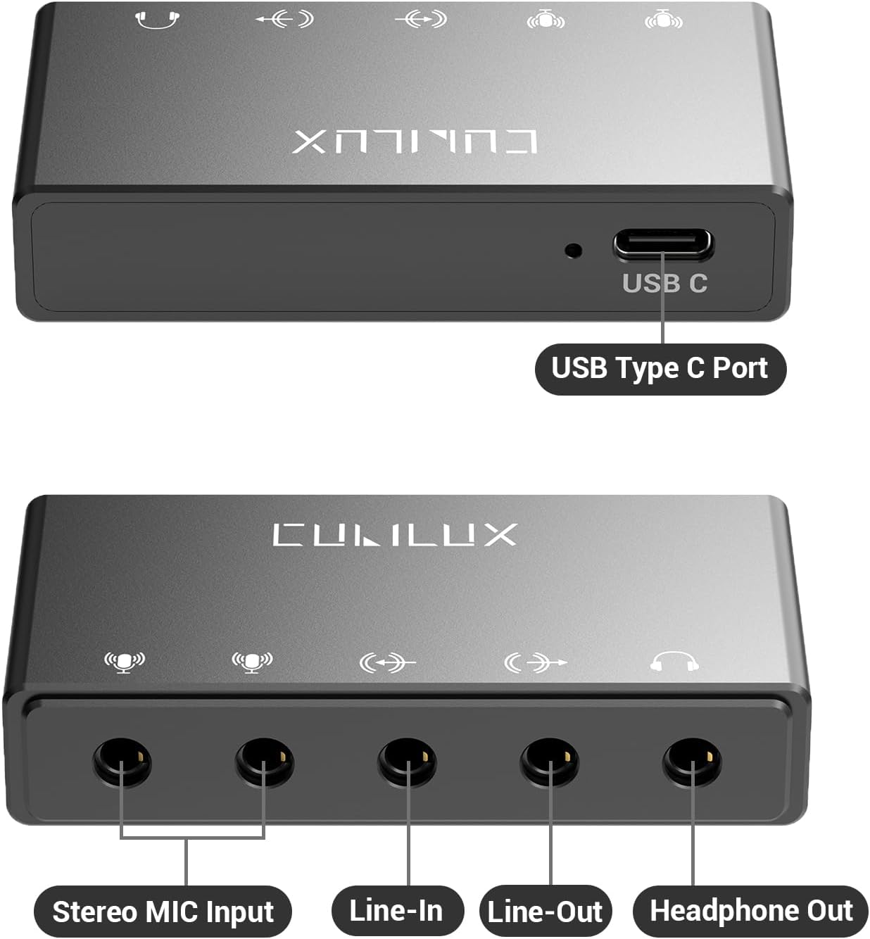 Cubilux CB5 USB Audio Interface for Recording, Streaming, Podcasting, USB to 3.5mm Sound Card with Stereo Microphone Input, Line-In, Line-Out & Headphone Jack for Monitors, Support Windows & Mac OS