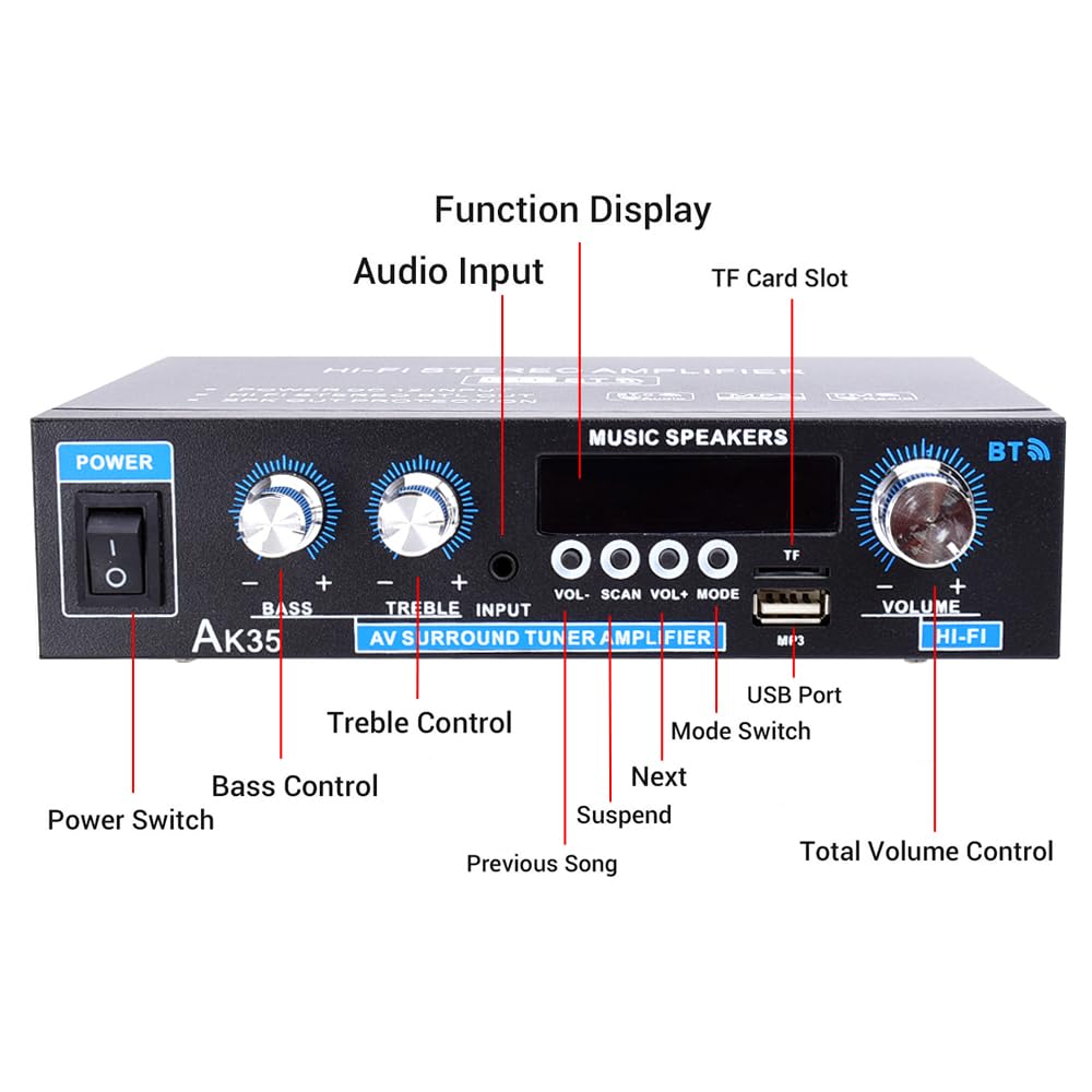 AK35 Stereo Amplifier Home Audio Bluetooth 5.0 Max 200W 2.0 Channel Mini Amplifier Stereo Receivers for Car, Home Party, Audio Amplifier AMP w/USB/TF Card/AUX Input/Bass & Treble Control