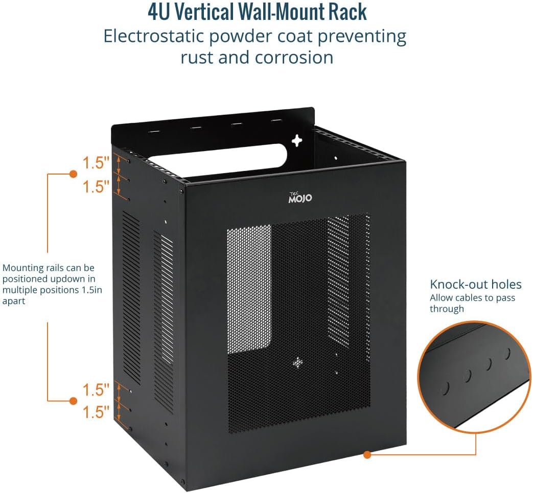 Tecmojo 4U Server Rack, Vertical/Horizontal Wall Mountable Rack with Vented Enclosure for 19 Inch IT Equipment, Cable Modems, Telecom, A/V,Black