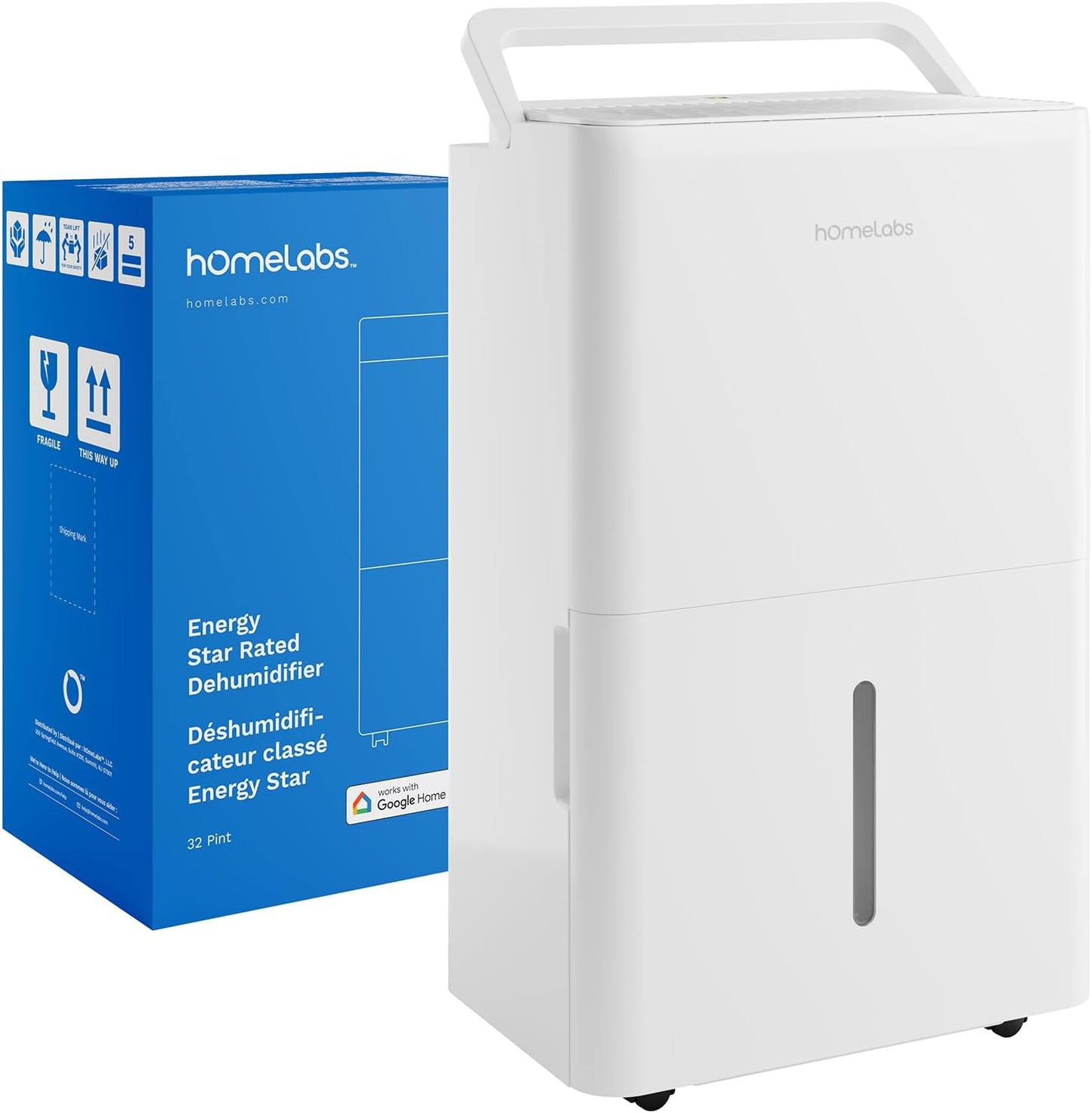 hOmeLabs 32 Pint Wi-Fi Dehumidifier for up to 4,500 Sq Ft Rooms (MAX 80 Pint at 95°F, 90% RH) – High-Efficiency Moisture Removal with Auto Shut-Off and Quiet, Portable Operation