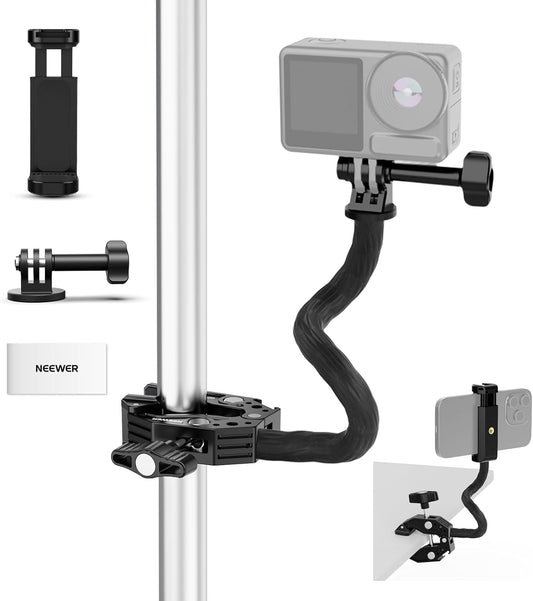 Neewer Action Camera Mount Kit with Super Clamp, Soft Tube, Adapter, Phone Holder for Flat/Round Surfaces, Compatible with GoPro, Insta360, DJI Action Camera, Smartphone
