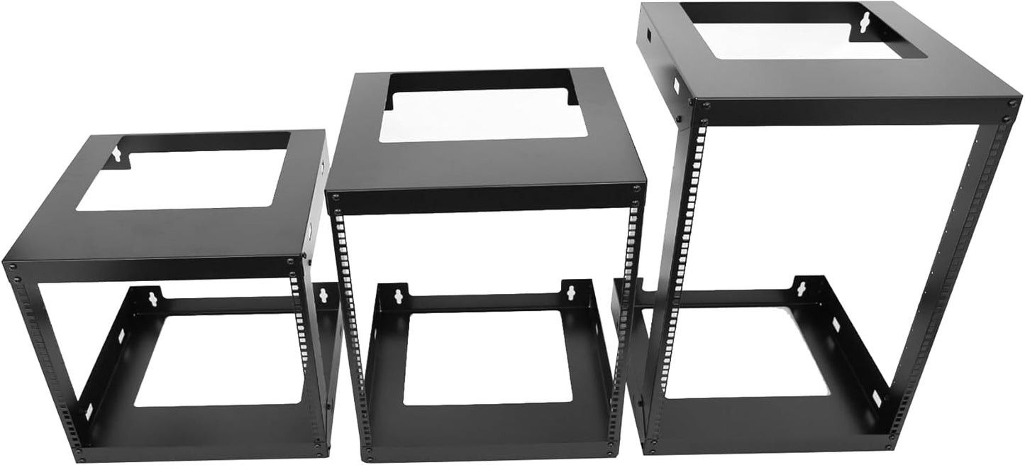 6U Wall Mount Open Frame 19 Inch Server Equipment Rack Wall Mountable Heavy Duty Design - Holds All Networking & AV Gear - Open Frame Includes 2 1U 12in Vented Shelves & Mounting screws (WALL RACK 6U)