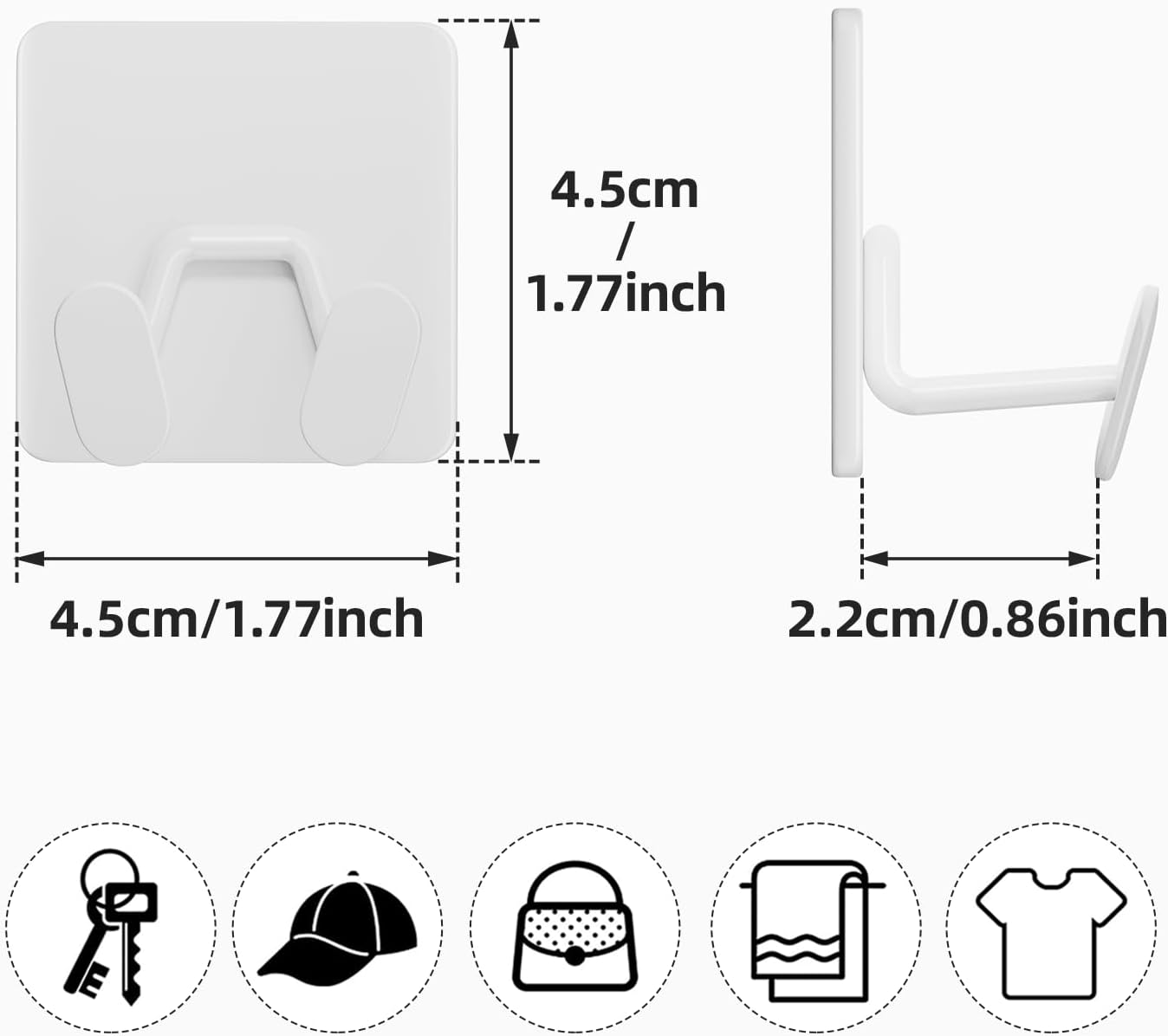 Adhesive Shower Hooks for Inside - Extra Sticky Stainless, Razor Holder Shower Accessories, Wall Mounted Self-Adhesive Double Hooks for Razor, Loofah, Towel, Shaver, Coat, Key, White, 4 Pack