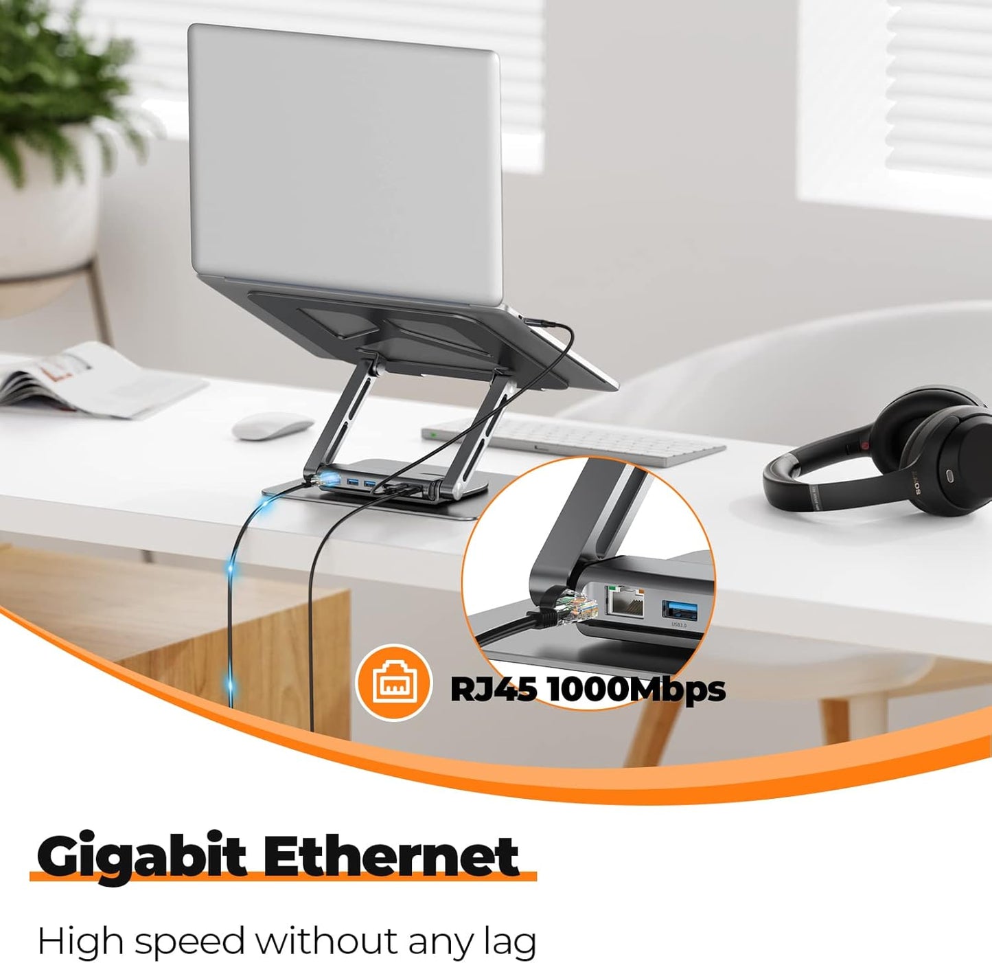 Tobenone Laptop Docking Station Stand for MacBook Pro/Air/Dell/HP/Surface/Lenovo, Mac Docking Station with 4K HDMI, USB 3.0, RJ45, PD 3.0, USB C Laptop Stand Hub for Desk with 360 Rotating Base Grey