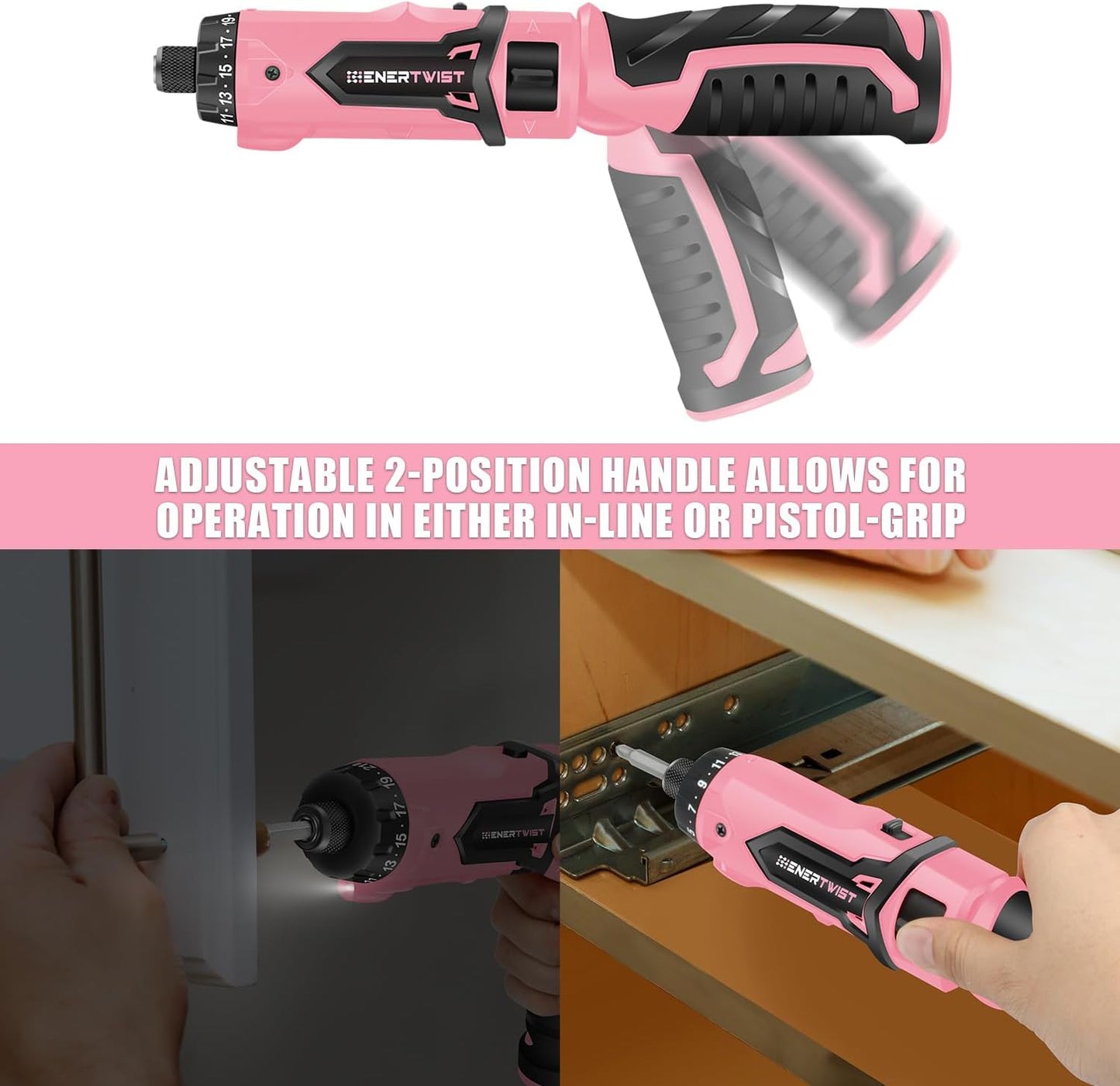Enertwist Electric Screwdriver, 8V Max 10Nm Pink Cordless Screwdriver Rechargeable Set with 9 Accessory Kit, 21+1 Cluth, Dual Position Handle, LED Light