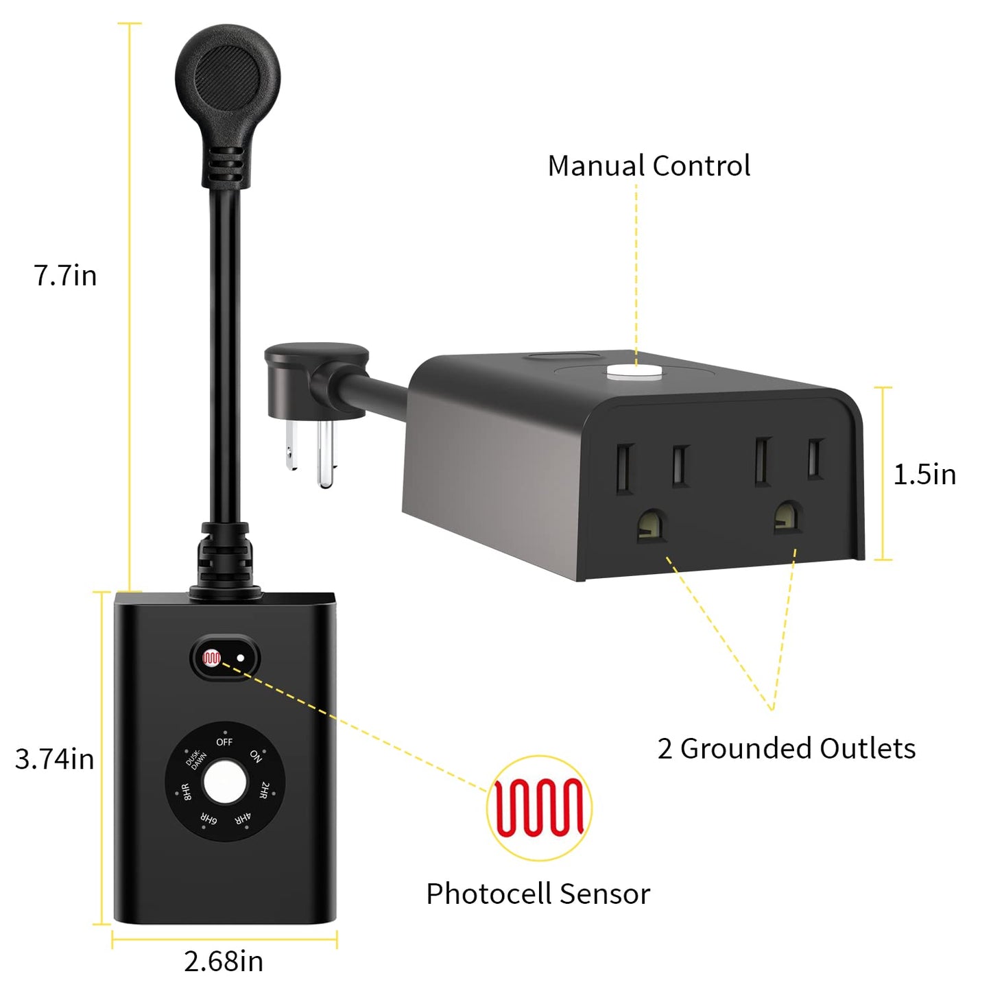 Minoston Outdoor Timer Outlet Waterproof, Dusk to Dawn Photocell Light Sensor Socket, 2/4/6/8 Hours Cutdown Timer, 2 Grounded Outlets for Christmas and Hallowen Deceration, Black(MP40T)