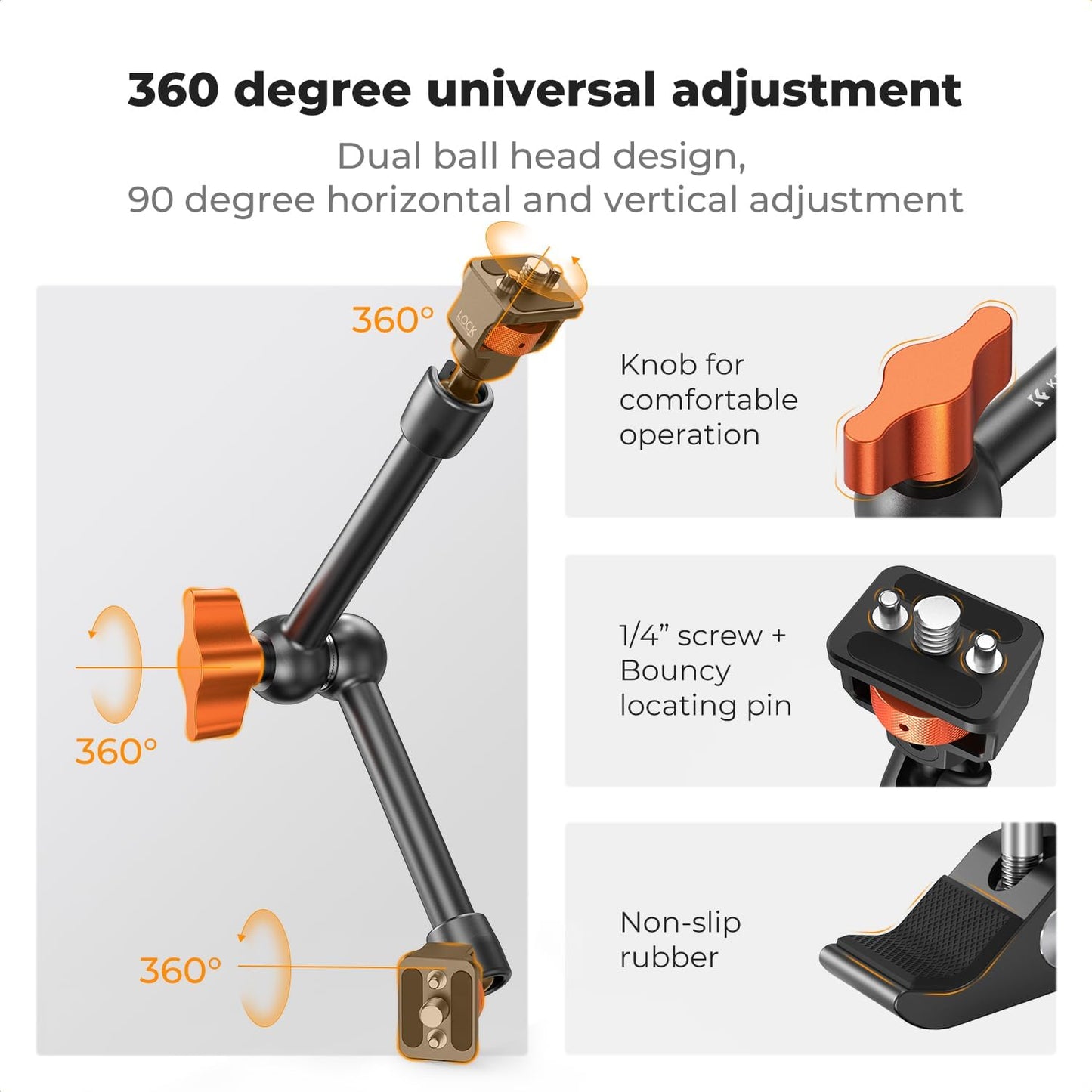 K&F CONCEPT 11" Magic Arm Clamp Kit with ARRI 1/4" & 3/8" Thread Screw 360° Ball Heads Articulating Arm Camera Adapter for DSLR, Monitor, LED Light, Microphone, Camera Cage, Action Camera