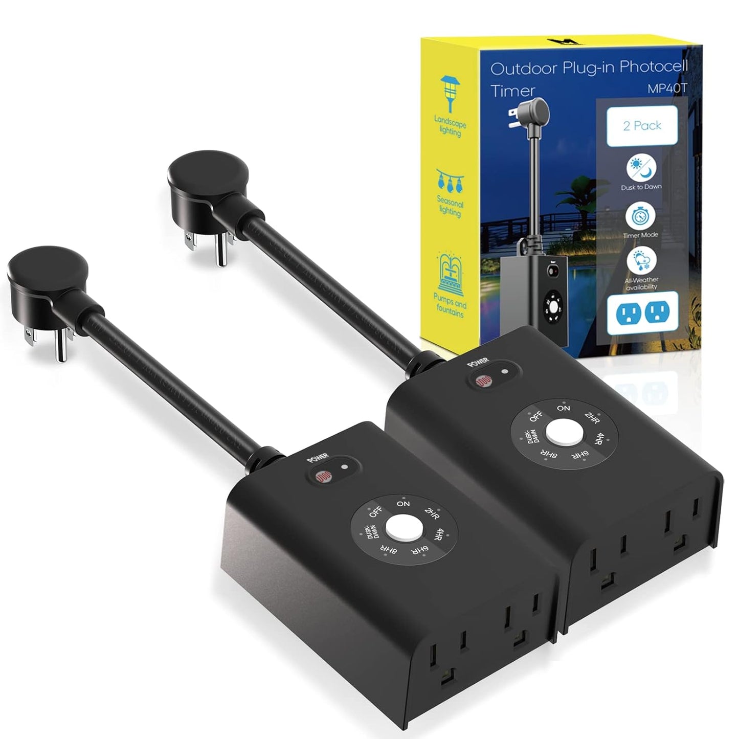 Minoston Outdoor Timer Outlet Waterproof 2 Pack, Dusk to Dawn Photocell Light Sensor Socket, 2/4/6/8 Hours Cutdown Timer, 2 Grounded Outlets for Christmas and Hallowen Deceration, Black(MP40T)