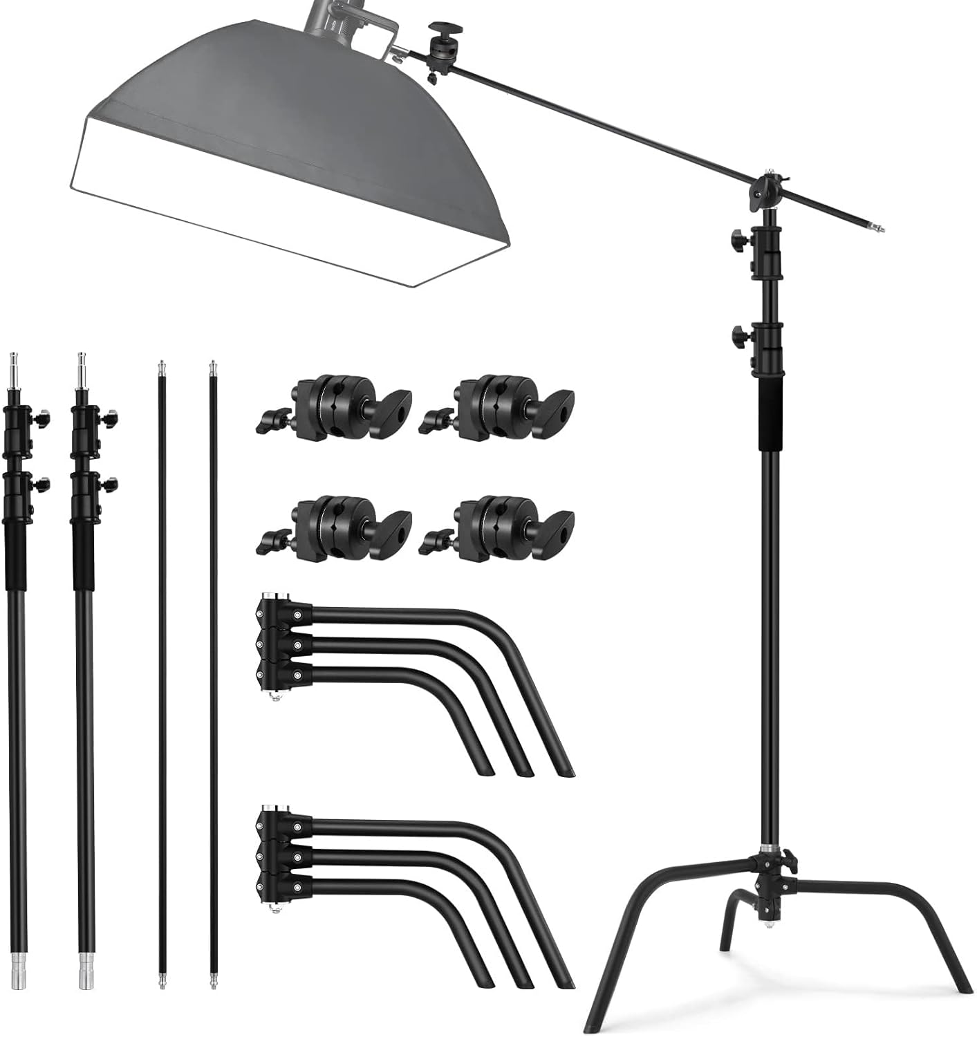 Soonpho 2 Pack 100% Heavy-Duty Steel C-Stand, Pro Photography Light Stand with 3.5'/108cm Extension Arm, Grip Head, Turtle Base for Studio Monolight, Softbox, Reflector, Max Height 10'/305cm – Black