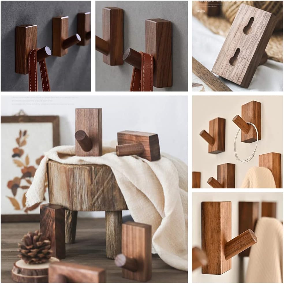 HomeDo 8Pack Adhesive Wall Hooks Hat Rack, Wooden Coat Hooks Wall Mounted, Decorative Single Organizer Hat Hanger Towel Rack, Heavy Duty Hooks (Rectangle-Walunt,8Pack)