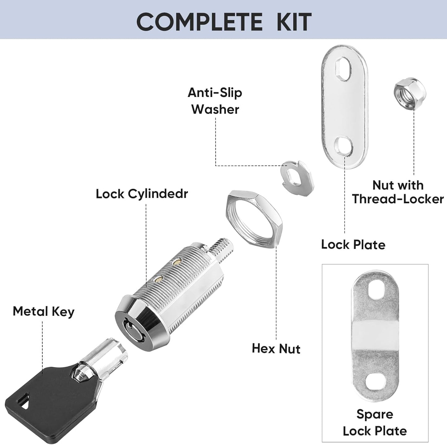 PTEROMY 2 Pack Cabinet Locks with Keys, Heavy Duty Tubular Cam Lock for RV Compartment Storage, Full Set (Chrome, 1-1/2'', 2 Pack)