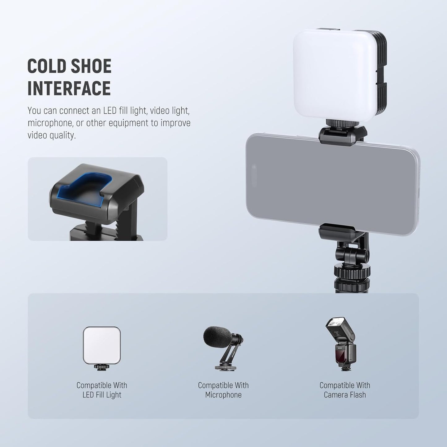 Neewer Basic Phone Tripod Mount Holder with 1/4" Thread & Cold Shoe, 2.36"-3.54"/6-9cm 360° Rotatable Camera Mount Cellphone Clamp for iPhone 15 14 13 12 11 Pro Max X XR Samsung S24 Ultra, SP-10