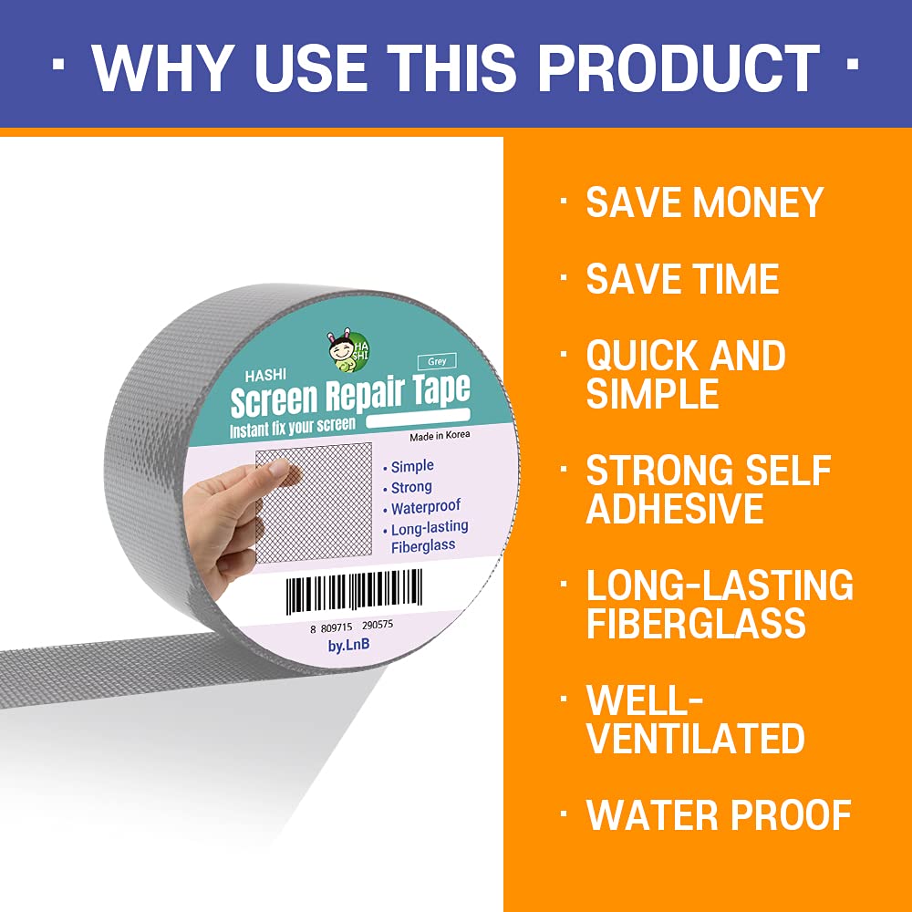 HA SHI Screen Repair Kit for Windows or Doors (2" x 6.5FT, Grey) 3-Layer Strong Adhesive Tape, Made in Korea, Ease-Installation Fiberglass Covering Mesh