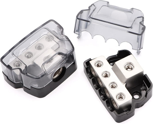 4 Way Power Distribution Block 1x 0/2/4 Gauge in 4X 4/8/10 Gauge Out Nickel Plated Car Audio Splitter Amp Distribution Connecting Block,2Pcs