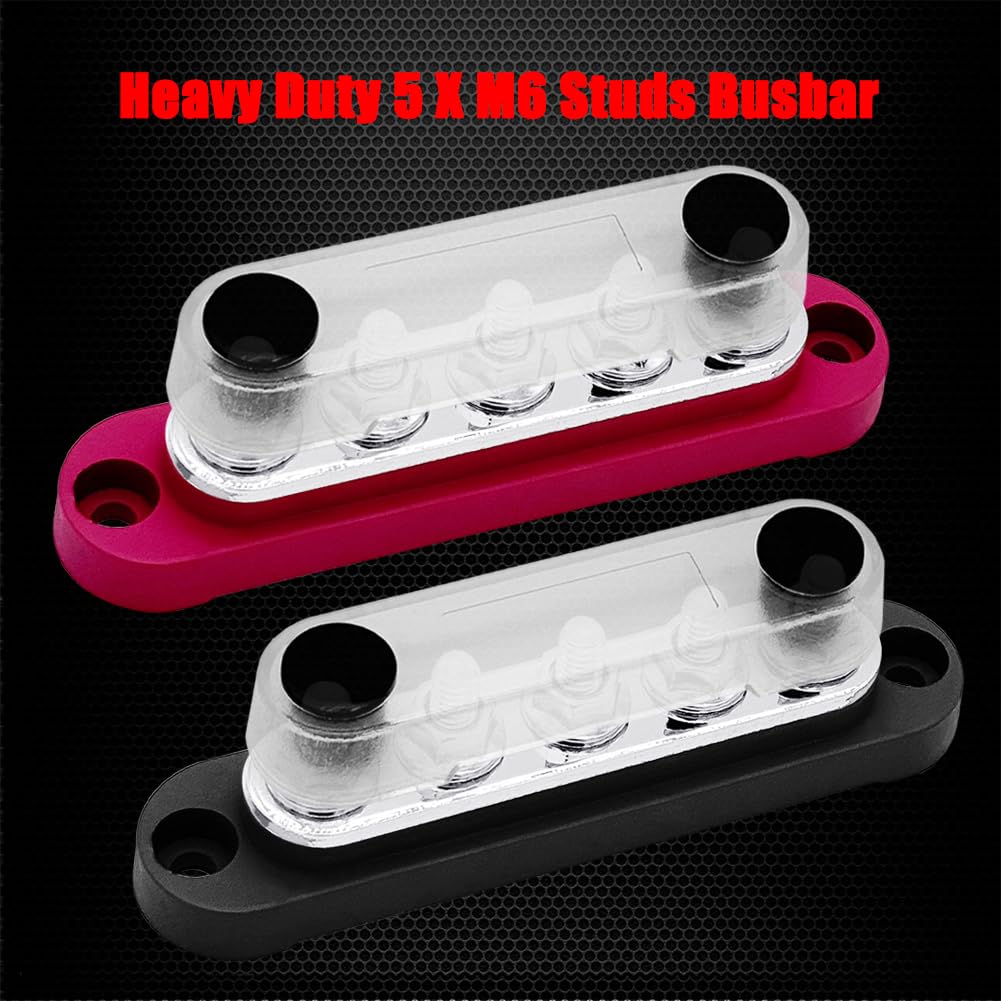 5 x M6 (1/4") Studs Power Distribution Block Bus Bar 12V, Ampper 4.3" 150A Marine BusBar Battery Distribution Block W/Cover for Car Boat Solar (Red & Black)
