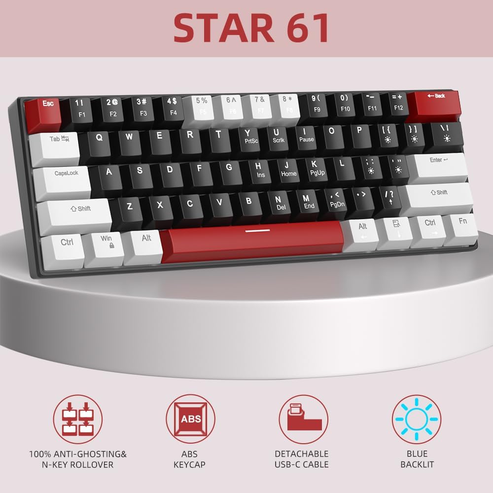 60% Mechanical Gaming Keyboard,Mixed Color Keycaps Gaming Keyboard with Linear Red Switches, Detachable Type-C Cable Mini Keyboard with Blue LED Light for PC/Laptop