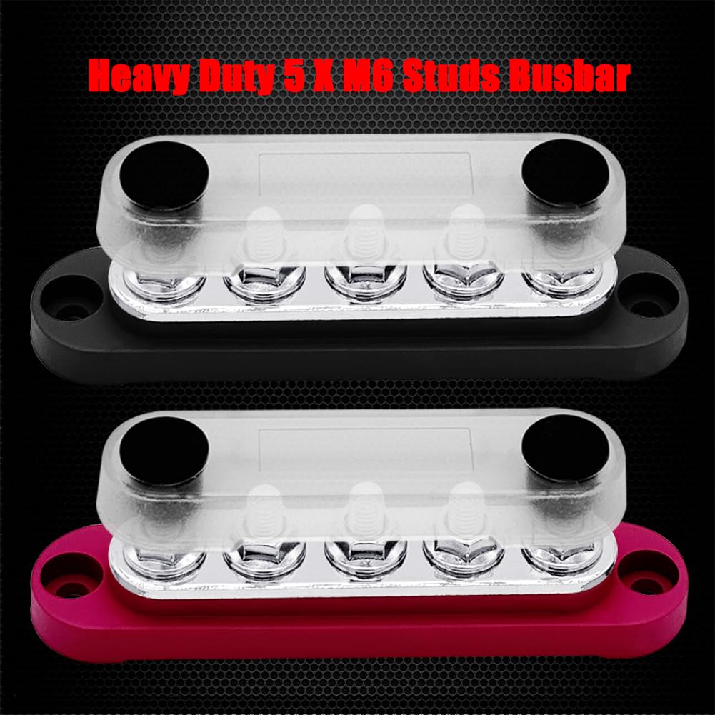 5 x M6 (1/4") Studs Power Distribution Block Bus Bar 12V, Ampper 4.3" 150A Marine BusBar Battery Distribution Block W/Cover for Car Boat Solar (Red & Black)