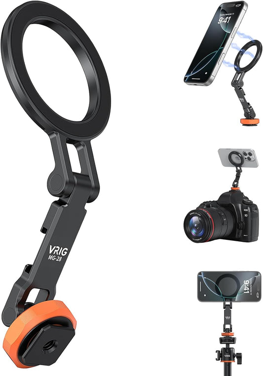 VRIG MG-28 Magnetic Phone Tripod Mount,1/4" Thread Cold Shoe 360° Rotation,for iPhone16 15 14 13 12 Pro All Series,Magnetic Ring Magsafe iPhone Tripod Mount Adapter