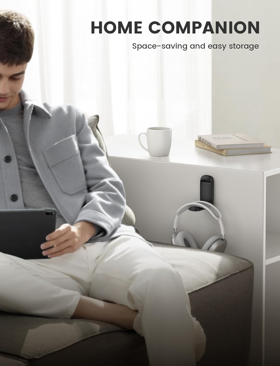 Lamicall Headphone Stand, Sticky Headset Holder - [Foldable & Compact] Headphone Holder Hook Mount, Adhesive Hanger Clip Under Desk, Earphone Clamp for Airpods Max, HyperX, Sennheiser, Black