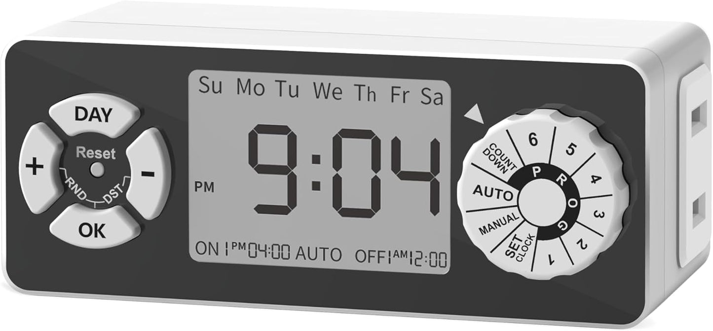 TiFFCOFiO New Digital Timer Outlet, Dial Programmable Method, Indoor Plug in Light Timer, 2 Polarized Electrical Outlets for Lamps, 6 Sets of Programs, 15A/1875W
