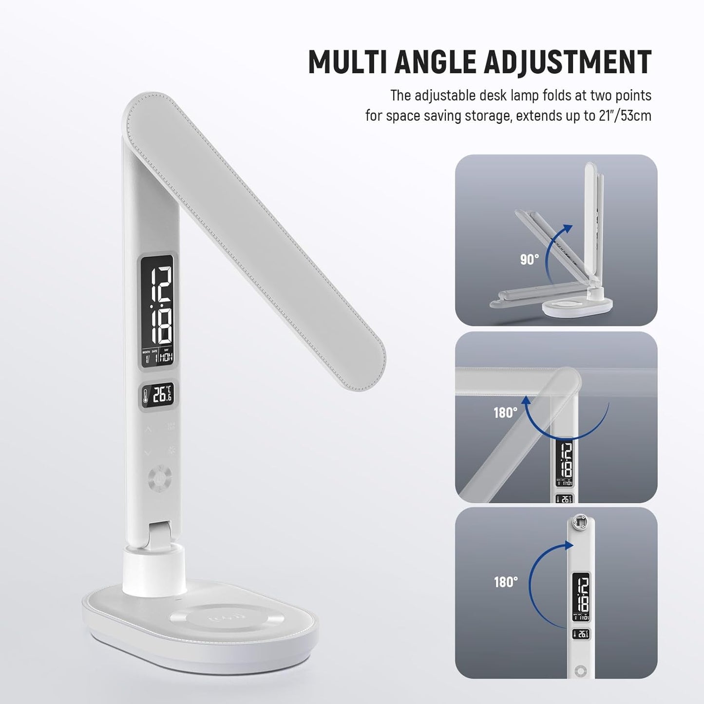 NEEWER Entry Level Version LED Desk Lamp with USB A Output, 3 Modes/5 Brightness Levels/4 RGB Effects/CRI85, LCD for Temp/Date/Time/Alarm, Eye Caring Touch Table Light for Home Office/Reading, N20