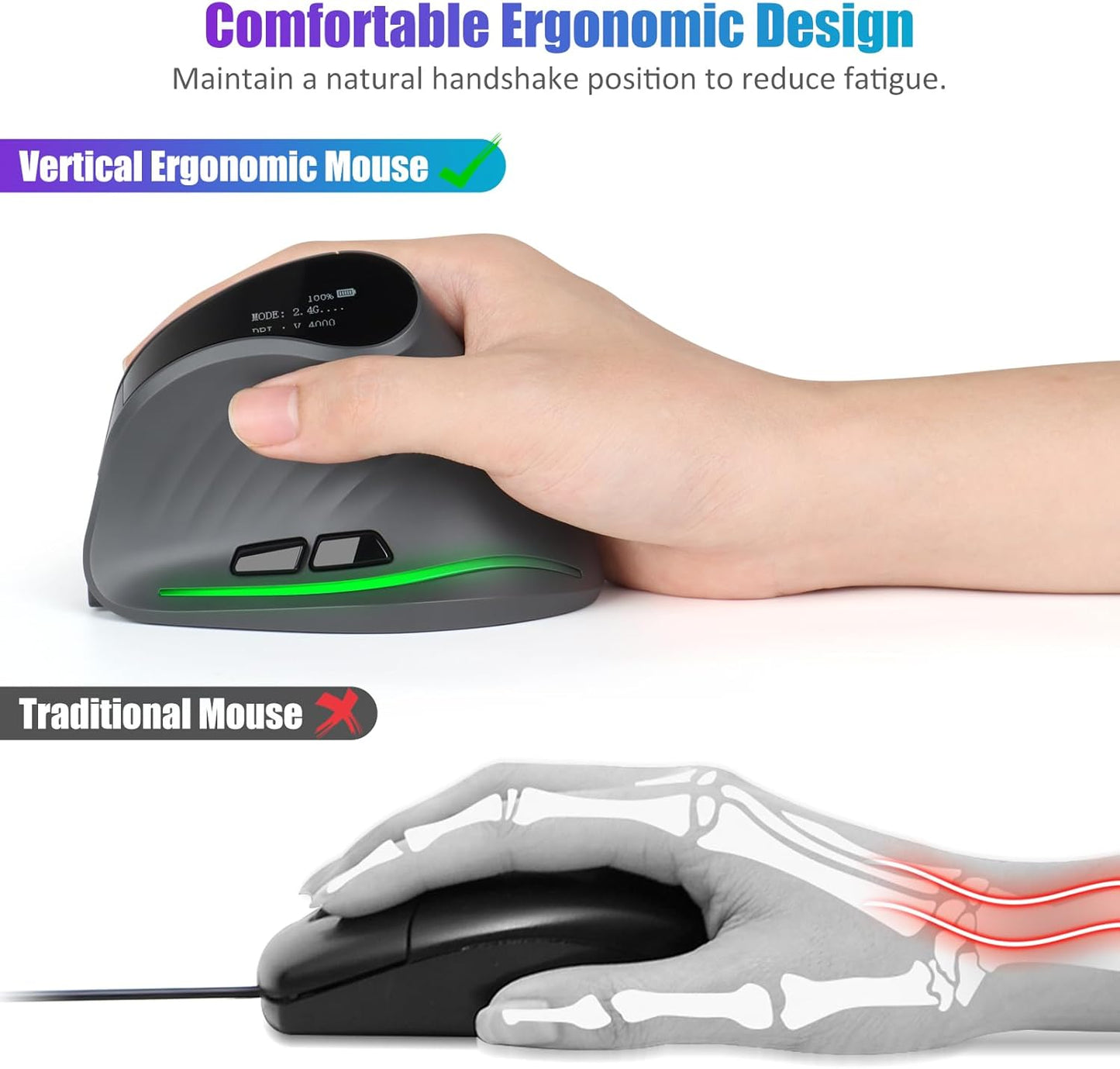 TRELC Wireless Ergonomic Mouse with OLED Screen, Rechargeable Silent Vertical Mouse for 4 Devices Connection (BT+2.4GHz), 4000 DPI, 7 Buttons for Windows/PC/Desktop/Laptop/Tablet (Dark Gray)