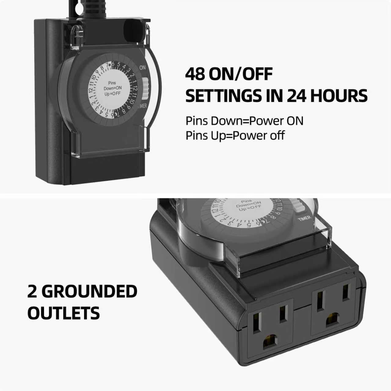 Outdoor Timer Outlet Waterproof, 24 Hour Mechanical Light Timer Outdoor, 2 Grounded Outlets for Home and Garden, 15A 1/2HP, Heavy Duty, ETL Listed (2 Pack)