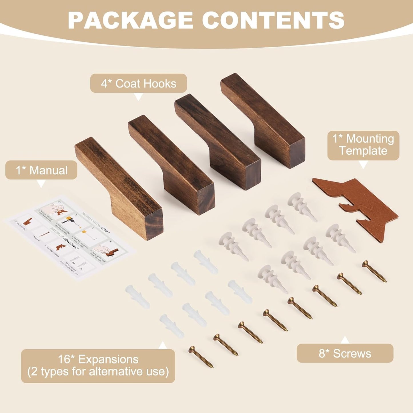 VIS'V Walnut Wall Hooks, Wall Mount Wooden Coat Hooks for Entryway Cubicle, Brown, 4 Pcs