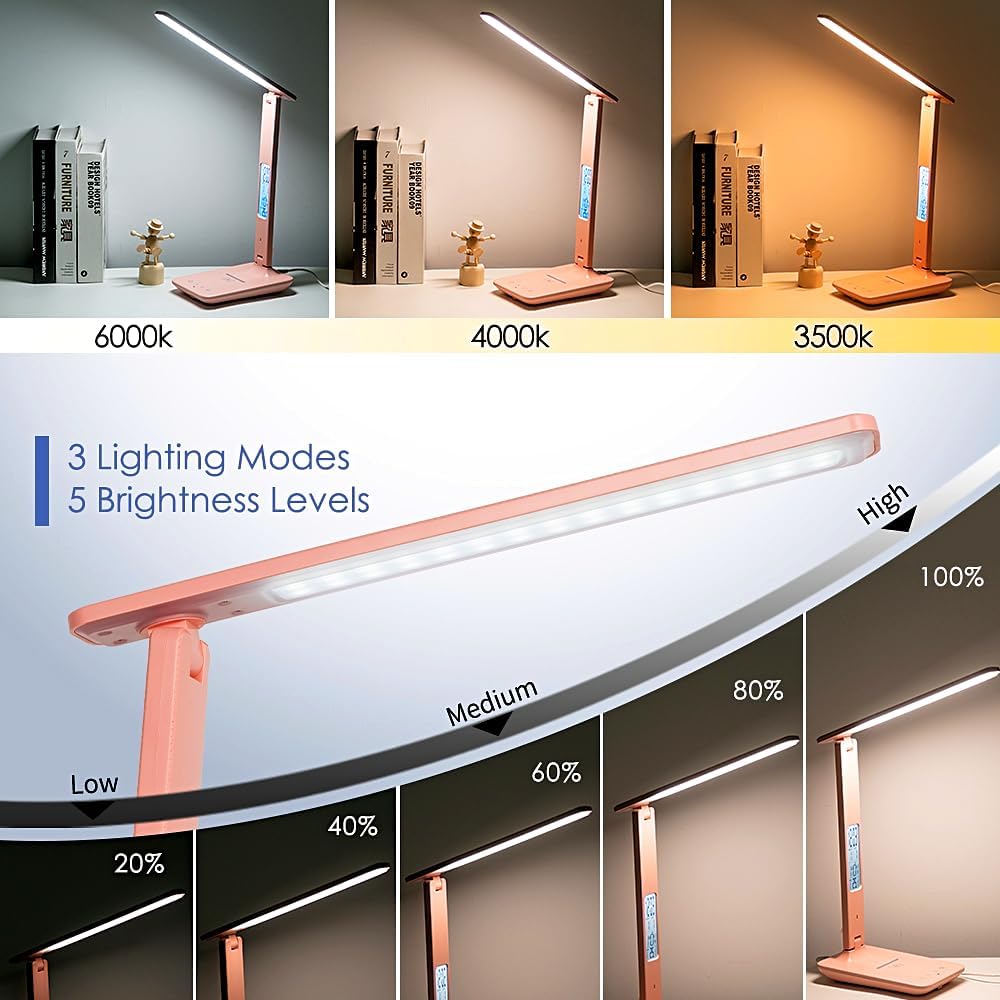 Multifunctional LED Desk Lamp with Wireless Charger,USB Charging Port,Clock,Phone Holder,Desk Lamps for Home Office,Eye-Caring Reading Lamp,Study Lamp for Boys,Girls,Teens,Pink