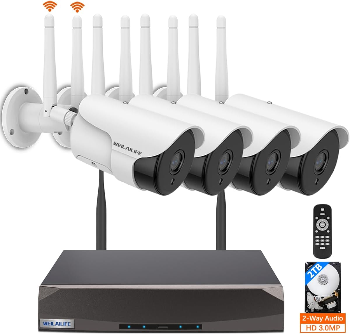 WEILAILIFE 【2-Way Audio & Dual Antenna Enhanced】 90ft Night Vision Outdoor Wireless Security Camera System, Wireless Surveillance Camera System, WiFi Video Surveillance, Home Security Cameras