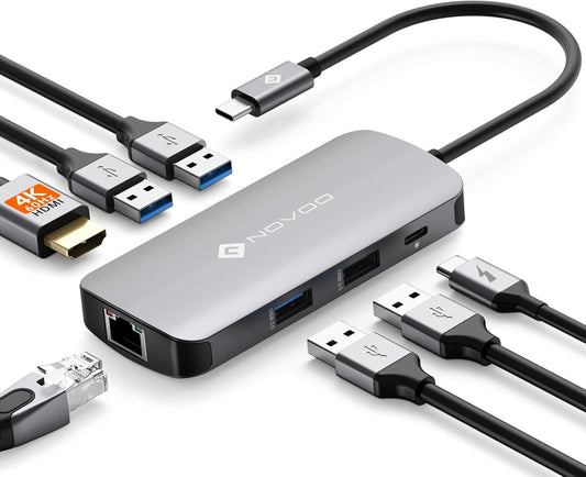 NOVOO USB C Hub Ethernet 4K@60 USB C HDMI Adapter Multiport Type C Adapter 4 USB 3.0 & USB2.0 Dongle 100W PD Dock Docking Station for MacBook Pro Air Apple iPad Pro Steam Deck Dell HP Lenovo 7-in-1