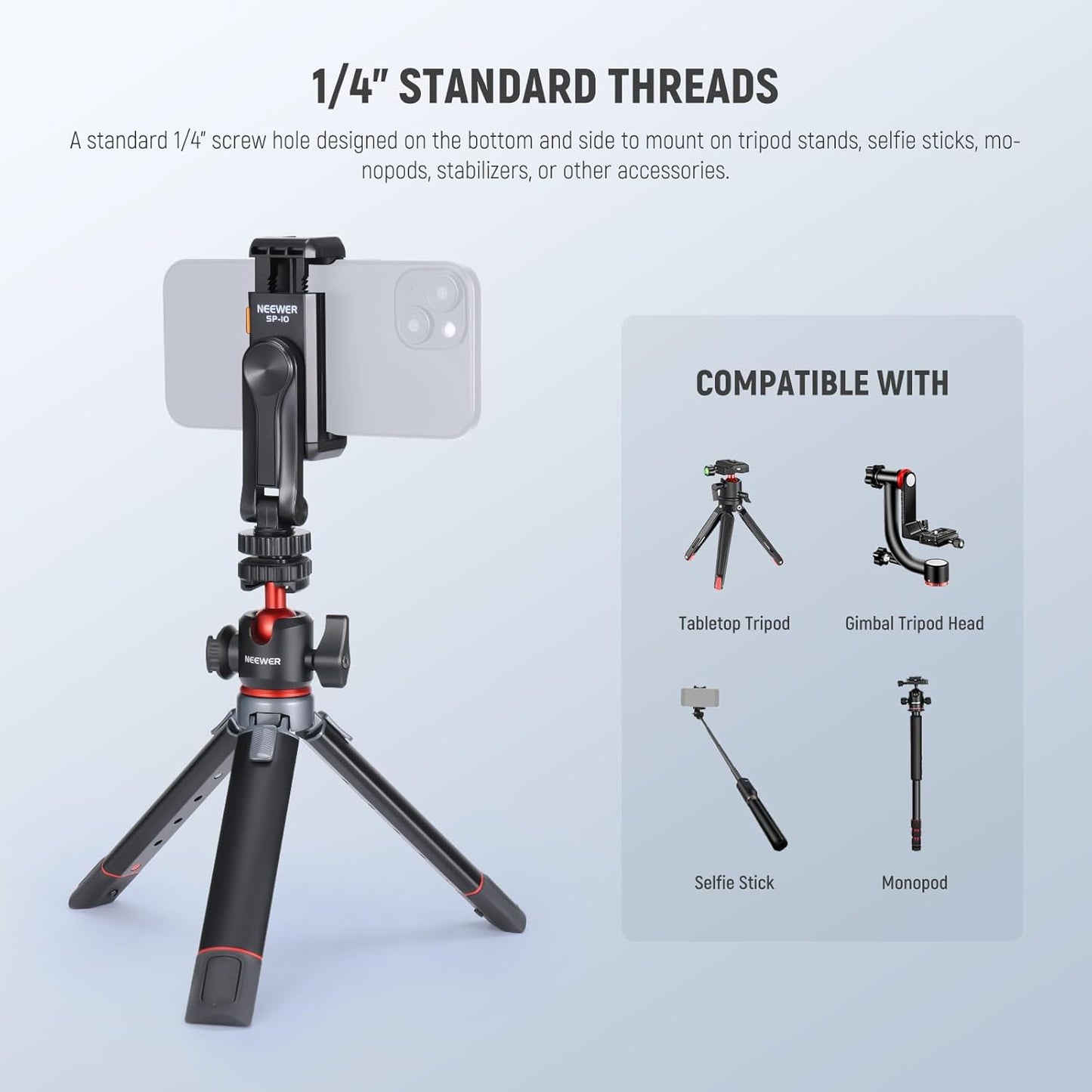 Neewer Basic Phone Tripod Mount Holder with 1/4" Thread & Cold Shoe, 2.36"-3.54"/6-9cm 360° Rotatable Camera Mount Cellphone Clamp for iPhone 15 14 13 12 11 Pro Max X XR Samsung S24 Ultra, SP-10