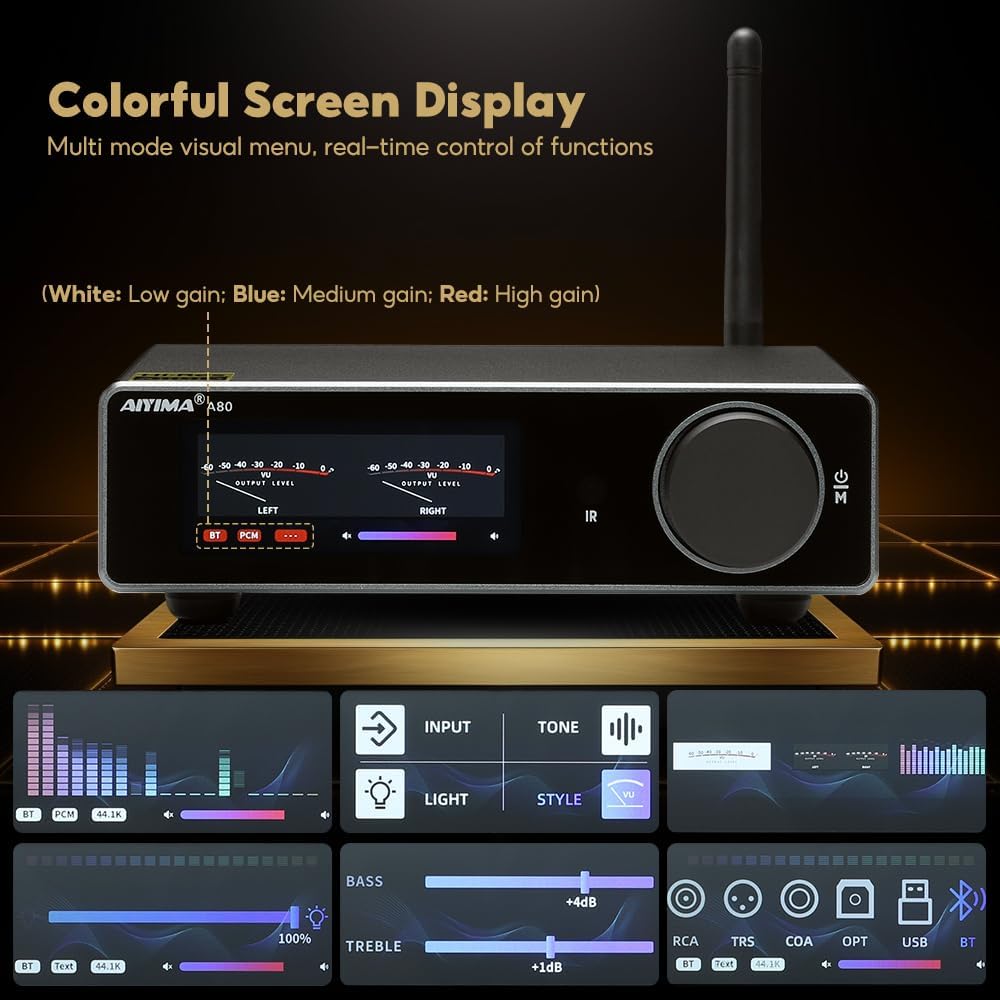 AIYIMA A80 Bluetooth Amplifier DAC Stereo HiFi Home Audio Receiver with PFFB 2.0 Channel Hi-Res Class D Power Amp with PC-USB Coaxial Optical TRS RCA Input