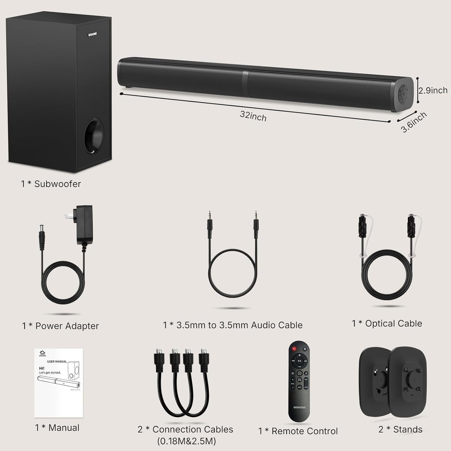 Wohome 2 in 1 Detachable Sound bar with Subwoofers, 4.1 Channel Bluetooth Sound Bar for Smart TV, Home Theater Surround Sound System, Optical, AUX, USB Input, Bass Adjust, Remote/Button Control
