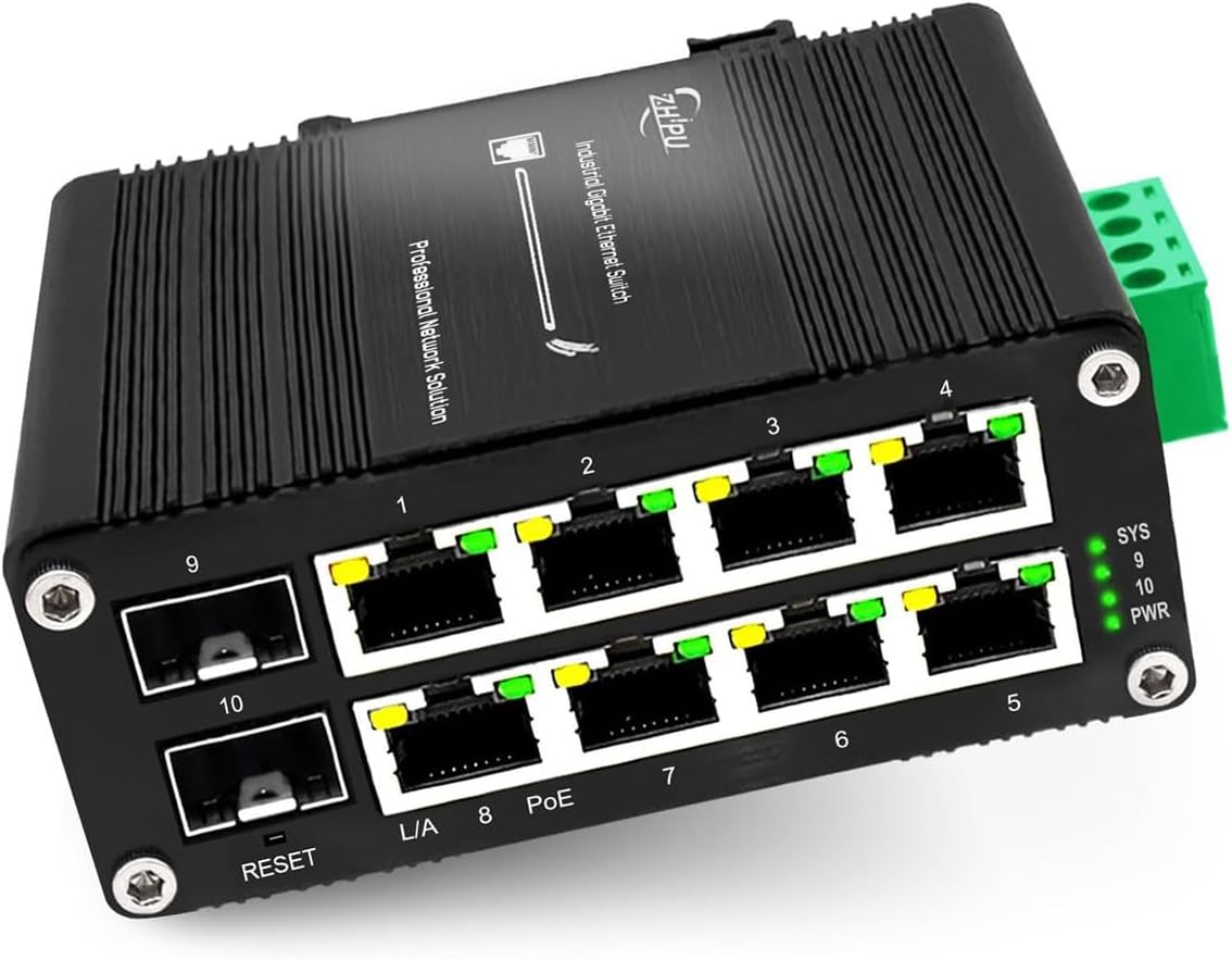 Industrial Managed 8 Port PoE Ethernet Switch with 2 SFP Slot, Gigabit Networking Switch with Web Management, Supporting Din-Rail, Black, XY-M2F8P