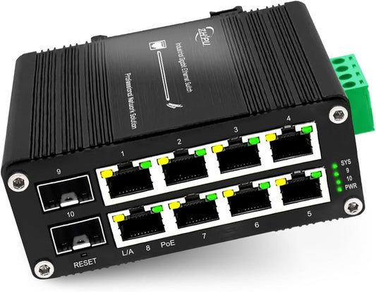Industrial Managed 8 Port PoE Ethernet Switch with 2 SFP Slot, Gigabit Networking Switch with Web Management, Supporting Din-Rail, Black, XY-M2F8P
